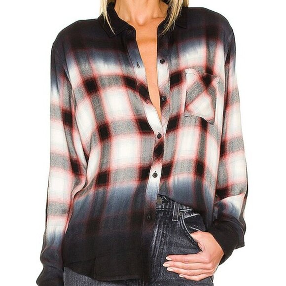 Rails Hunter Plaid Ivory Smoke Dip Dye Flannel Top - Picture 1 of 6